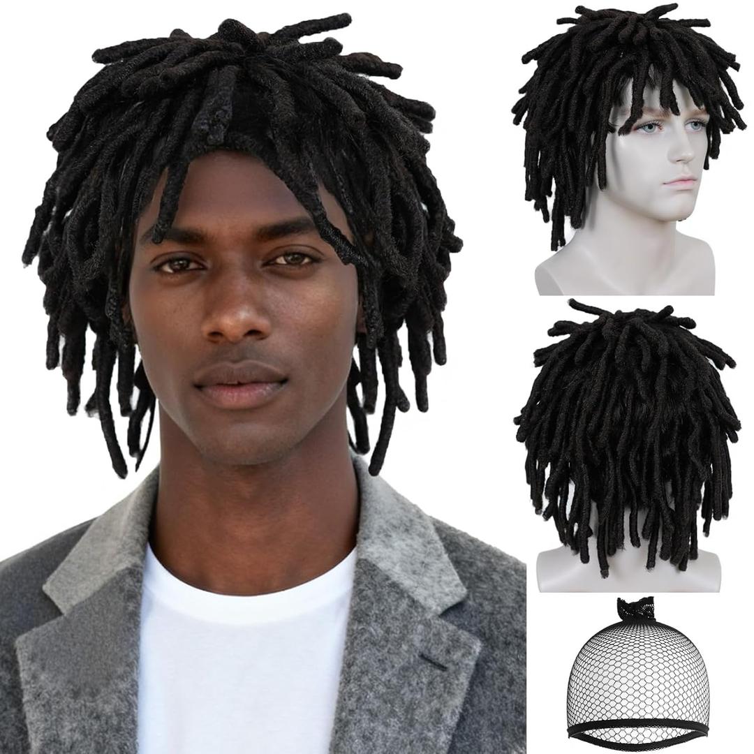 Dreadlock Wig for Men Women Black Curly Dreads Wig Men Funny African American Wigs Natural Rasta Twist Faux Locs Wig for Black Women for Cosplay Halloween Costume Outfit Party+ Hair Cap