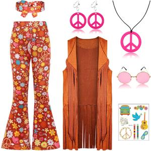 Hippie Costume for Girls Kids 60s 70s Outfits Costume Halloween Dress Up Party (4-6 Years, Brown)