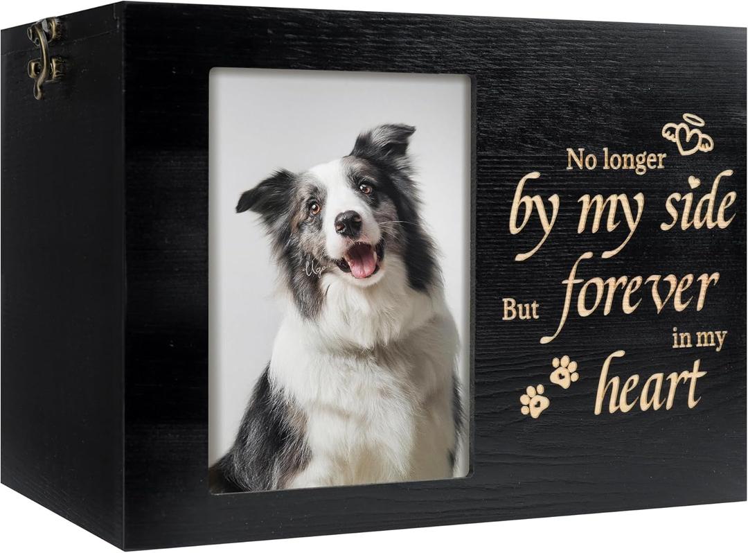 RINVEE Pet Urns for Dogs or Cats Ashes with Photo Frame, Wooden Memory Box for Keepsakes with Black Flannel as Lining, Pet Memorial Gifts for Dogs (Black X-Large)