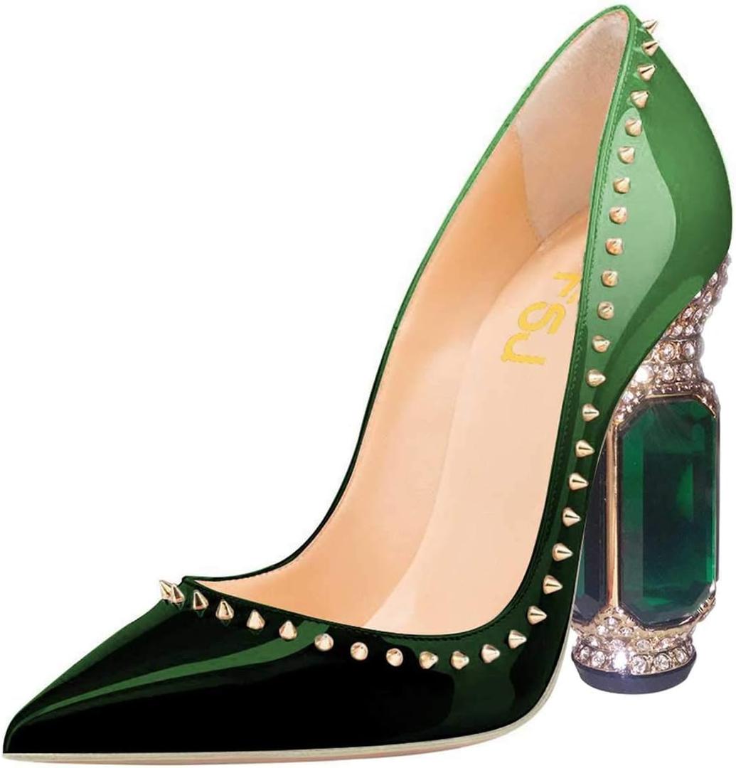 FSJ Women Bridal Pointed Toe Chunky High Heel Crystal Pumps Slip on Wedding Thick Comfort Shoe Size 7.5 Green Gradient