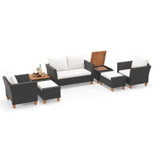 Black 7-Piece Wicker Outdoor Sectional Set with White Cushions