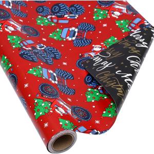 AUCLAY Reversible Christmas Wrapping Paper Roll for Kids Men Women Baby - Red Monster Truck & Santa, Merry Christmas Lettering with Stars in Black - Holiday Gift Wrap Paper, 17.7 Inch X 33 Feet