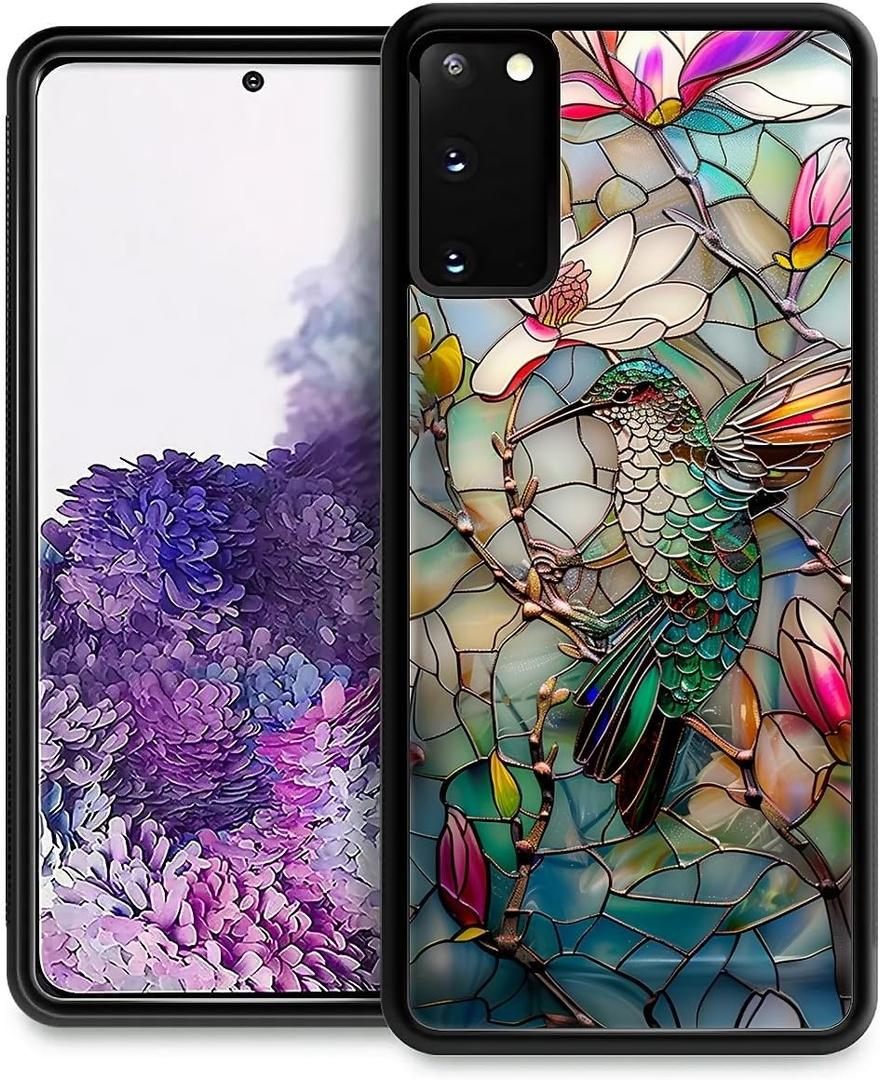 Compatible with Samsung Galaxy S20 Mobile Case Creative Acrylic Back Panel Silicone Protection Grip Specially Designed for Samsung Galaxy S20 3D Stained Flower Looking Hummingbird