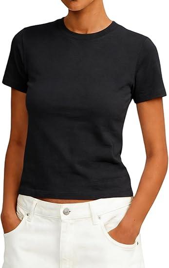 Prettywear Women Cotton Blend T Shirts Crew Neck Short Sleeve Basic Fitted Crop Tops Summer Trendy Cute Tee Black, S