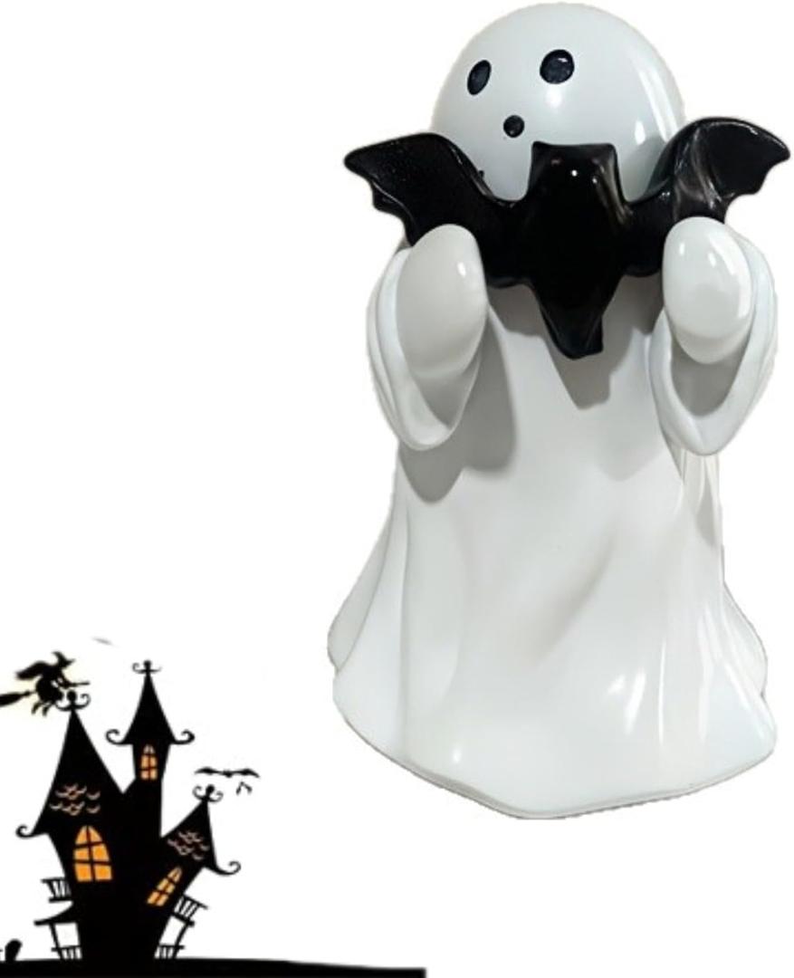 Halloween Ghost Figurines with Holding Bat, Cute Funny Resin Ghost Statue Romantic Shelf & Desk Decor, Mini Spooky Ghosts Pink Halloween Decors for Desk Office Table Centerpieces Ornament (B)