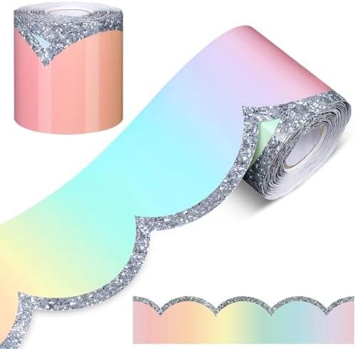 Mixweer Watercolor Rainbow Pastel Scalloped Bulletin Board Border 65.6 Feet Classroom Borders Poster Chalkboard Border for School, Classroom, Home Decoration