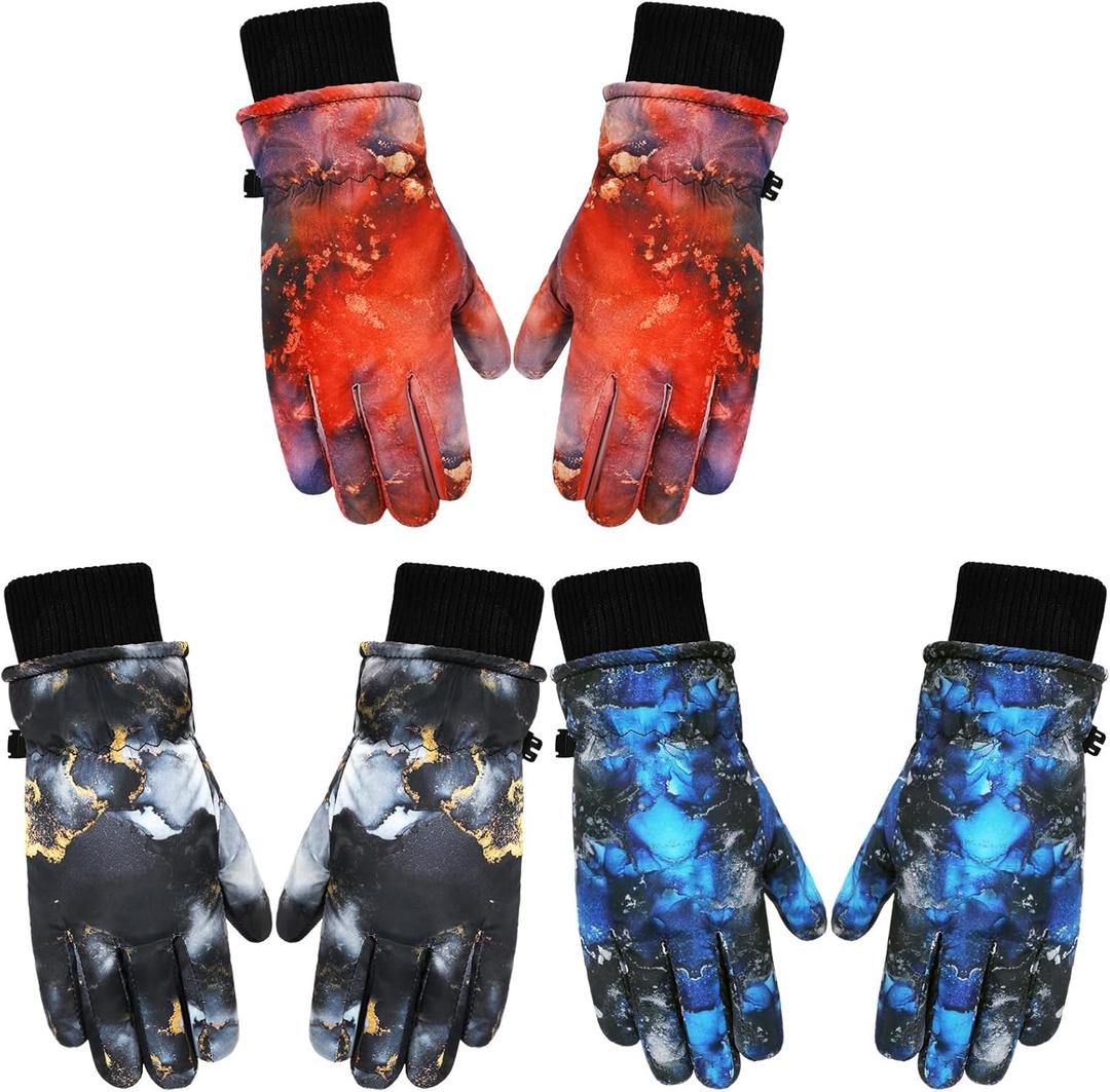 Bencailor 3 Pairs Kids Winter Gloves Waterproof Snow Ski Gloves Warm Windproof Adjustable Mittens for Boy Girl Outdoor (3-6 Years, Black Gold, Blue Black, Red)