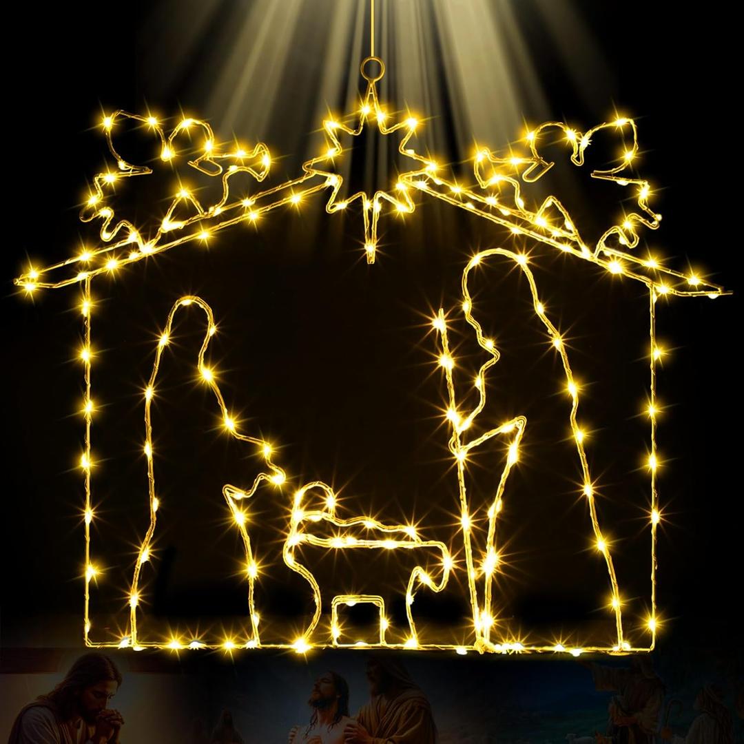 23" Christmas Window Silhouette Lights Large Light up Nativity Scene Window Decorations with 80 LEDs Nativity Star of Bethlehem Angel for Yard Lawn Home Party Patio Garden Wall, 8 Modes