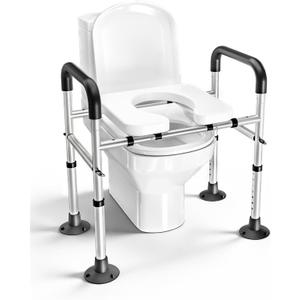 Adjustable Raised Toilet Seat with Handles for Seniors, 400lbs Capacity Elongated Toilet Seat Riser, Elevated Toilet Seat with Soft Cushion & Removable Armrests