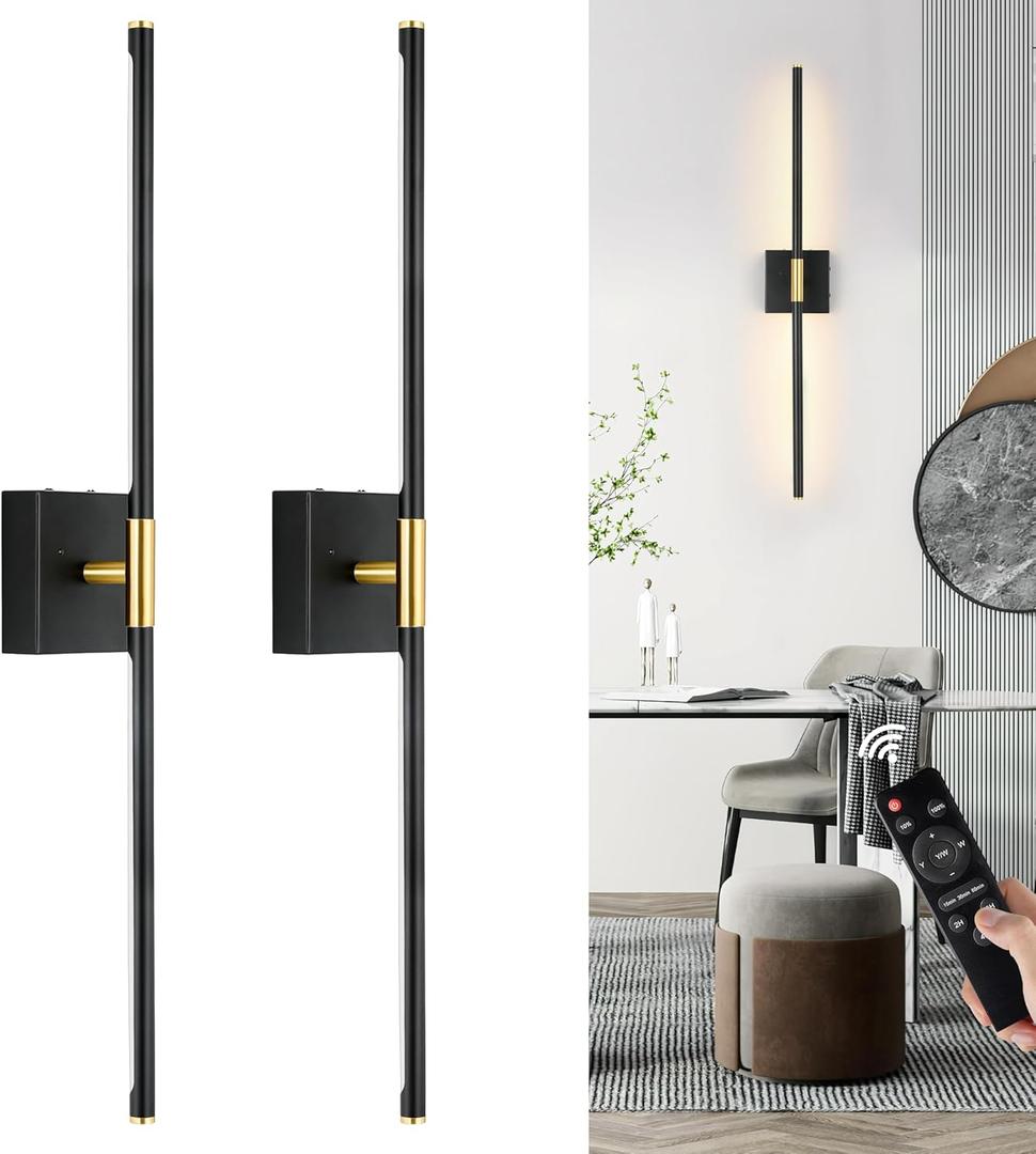 Battery Operated Wall Sconces Set of 2, Dimmable 3 Color Battery Wall Sconce with Remote, Black Gold LED Rechargeable Sconces, 24 Inch Modern Wireless Wall Lights for Bedroom, Living Room