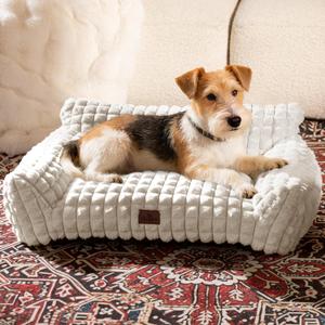 Cute Dog Beds for Small/Medium Dogs/Cats, Washable Dog Sofa Faux Rabbit Fur Pet Bed, Supportive Dog Couch with Removable Zipper Cover for Indoor Cats/Dog, 30 x 20 x10inch, Off White
