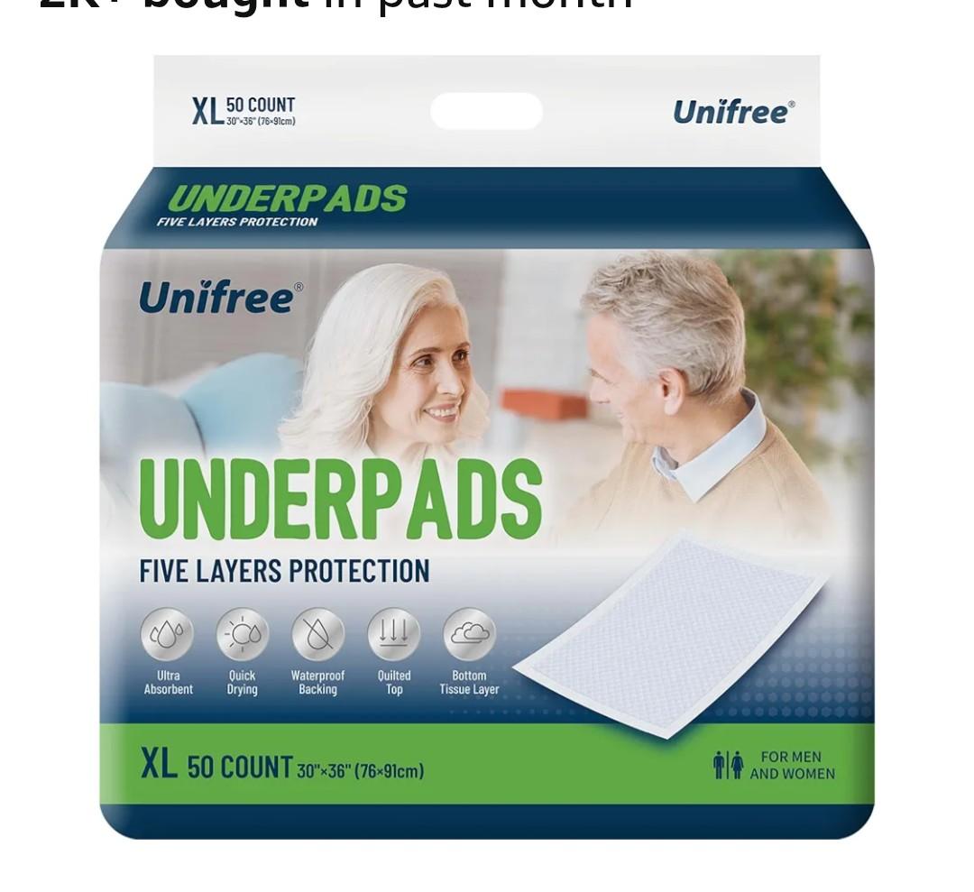 Unifree Disposable Underpads, Bed Pads, Incontinence Pad, Super Absorbent, 50 Count, Blue (XL 30x36 Inch)