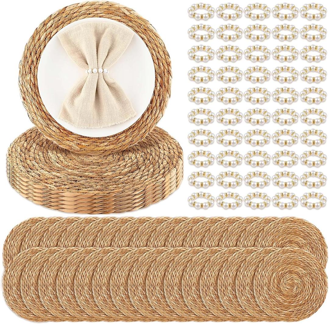 2 x 50 Pcs Cattail Round Woven Placemats Set, Cattail Placemats with Pearl Napkin Rings Boho Farmhouse Rustic Woven Chargers Natural Mat Bulk for Wedding Party, Dinner Table (12 Inch)