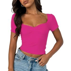 ForeFair Women's Sexy Short Sleeve Going Out Tops Pleated Bustier Shirt Cute Sweetheart Neck Y2K Crop Tee (Hot Pink, Small)