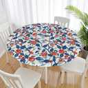 Valentines Day Round Tablecloth Fitted Best for 40"-44" Blue Red Floral Table Cloth Vintage Elastic Edge Water-Resistant Washable Love Chinoiserie Decoration Table Cover for Party Picnic Indoor Decor