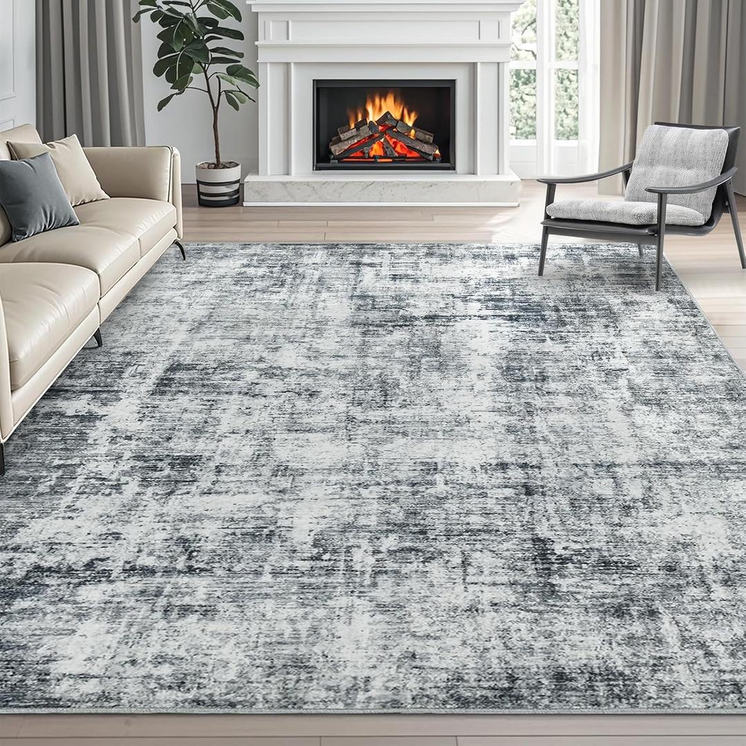 Dintszyayue Washable Rugs 5X7 Large Neutral Modern Non Slip Foldable Thin Under Dining Table Dining Room Floor Cove Dark Grey