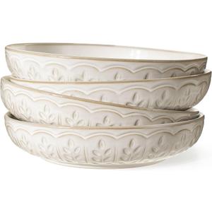 Artena Pasta Bowls, 50oz Large Salad Serving Bowls, 9.75'' Plates Bowls Set of 4, Big White Ceramic Soup Bowls for Kitchen, Embossment Shallow Dinner Bowl, Microwave Dishwasher Safe, Wheat Leaf