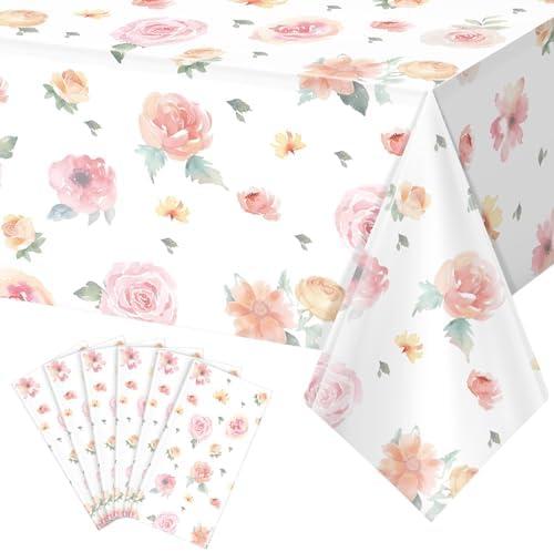 6 Pcs Spring Floral Tablecloth, Pink Wildflower Plastic Disposable Tablecloth Rectangle Table Covers for Easter, Birthday, Wedding,Baby Shower Tea Party and Mothers Day Decorations,54 x 108 Inch