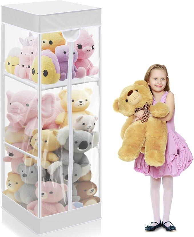 Colingmill 2tier Plush Toy Stuffed Animal Storage Organizer with Zippered Large Stuffed Toy Holder PVC Waterproof Dustproof Cover 47. 2 Inch Stuff Animal Organizer Holder for Nursery (White)
