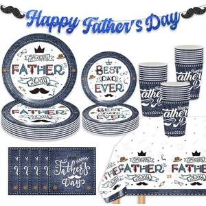 Happy Father's Day Party Tableware Supplies,Blue Best Dad Ever Tableware Include Plates,Napkins and Glitter Banner for Father's Day Celebration Dinnerware Party Decoration(Serve 20)