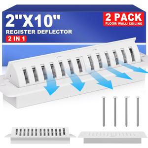 White Floor Register 2x10 with Vent Deflector, 2 in 1 Adjustable Floor Vent Covers, Floor Vent Deflectors Include Mounting Screws for Floor & Wall for Easy Install, Toe Kick Register Grille, 2 Pack