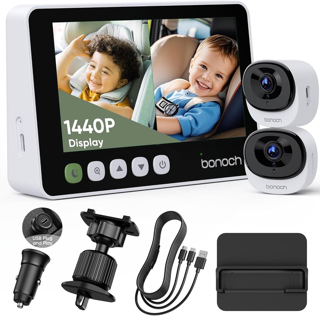bonoch 5" 1440P Baby Car Camera for 2 Kids - 360 Rotating Adjustable Wide View Dual Cameras, Split Screen Night Vision, Easy Setup Car Seat Monitor, USB Powered with Charger, Shower Gift for Parents