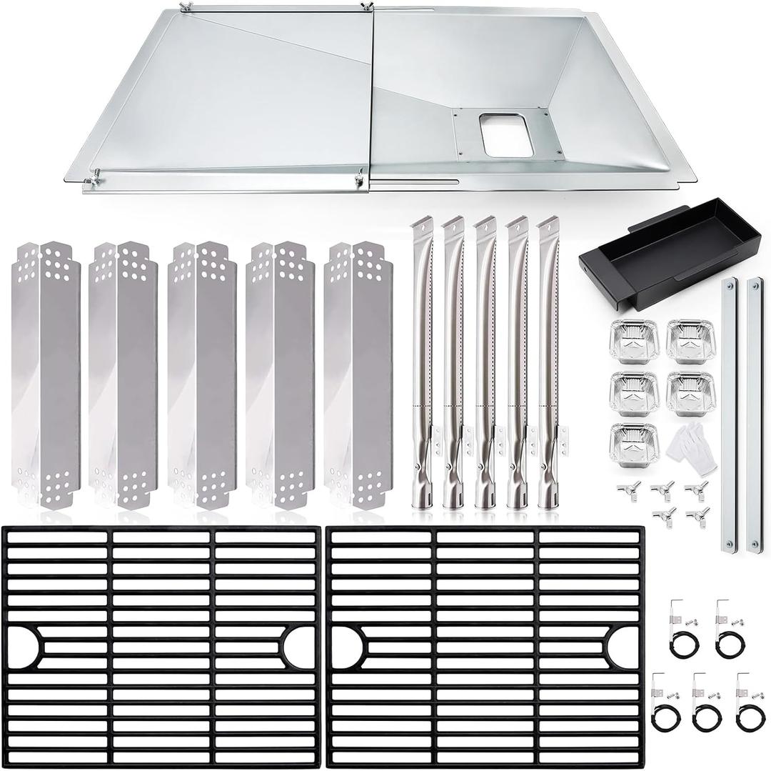 Hiorucet Adjustable Grill Grease Tray Replacement Parts for Nexgrill 5 Burner 720-0888N, 720-0888, Nexgrill 4 Burner 720-0830H, 720-0783E, 720-0830A, Drip Pan, Grates, Heat Plates, Burners and Igniter