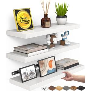BAYKA White Floating Shelves for Wall Set of 3, Rustic Wood Wall Shelves with Metal Brackets for Bathroom, Bedroom, Kitchen, or Living Room Decor Organization, Sturdy Storage with 22lb Capacity