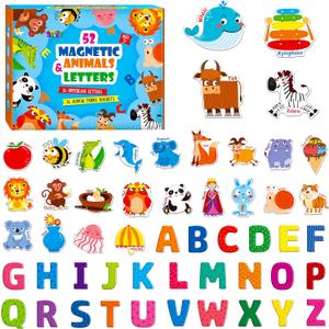 Large Magnetic Letters and Animals, Educational Learning Tool for Kids Word Recognition 52 Pieces Magnets Include 26 Colorful Alphabet Letters and Corresponding Cartoon Images