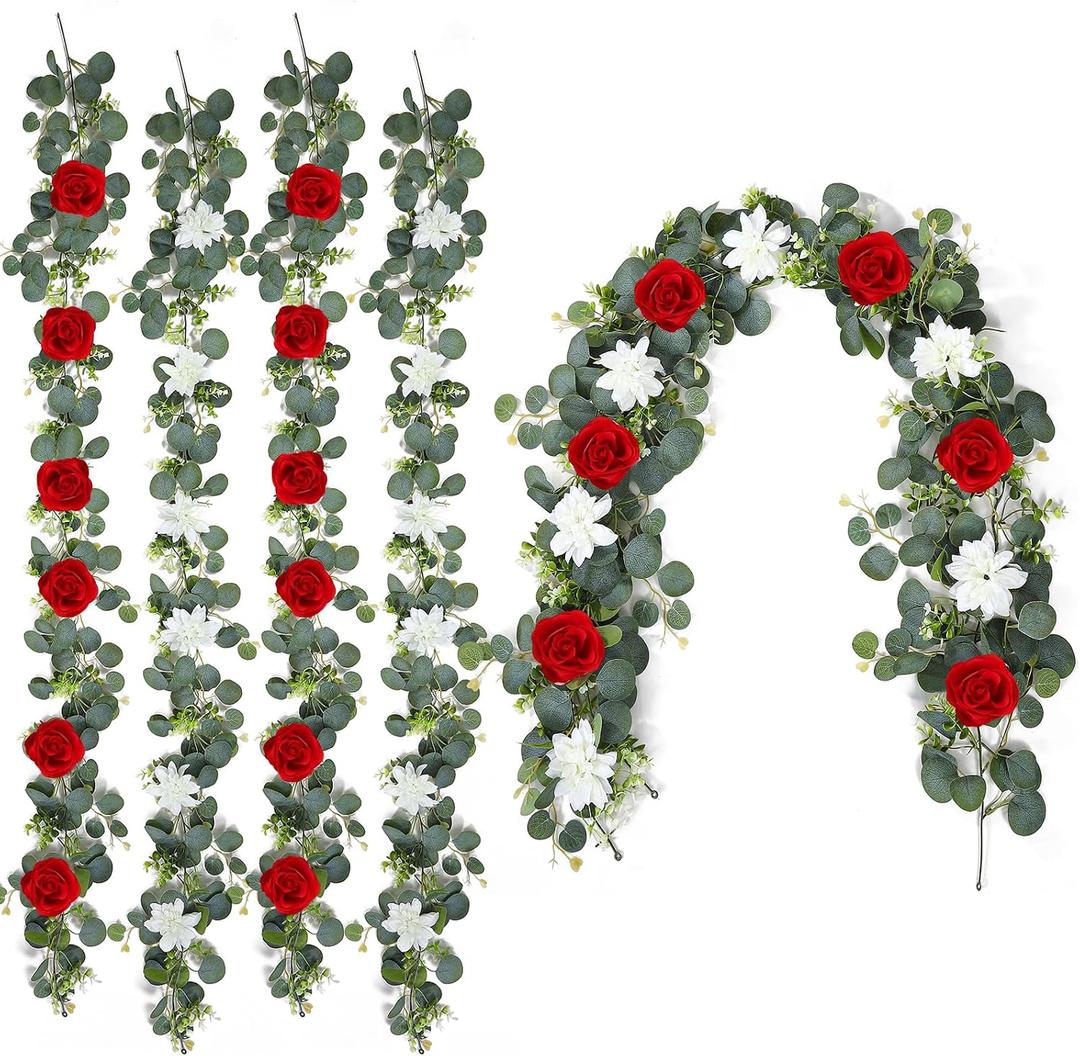 4 Pack Wedding Garland Set, Red Rose & White Dahlia Hanging Flower Vines for Wedding Arch, Backdrop, Mantel, Home Decor (5.91ft)