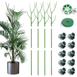 4 Pack 39.37" Detachable Twig Plant Support Stakes Set, Blends in to Plant, Branch Plant Sticks with Orchid Clips Twist Plant Ties, Twig Trellis for Indoor Outdoor Plants Potted Plants Flower (Green)
