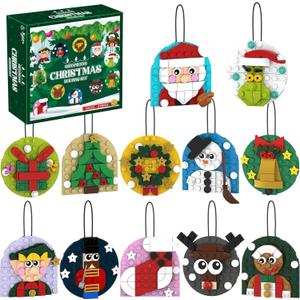 Christmas Ornaments Building Blocks Kit Gift for Kids, Xmas Party Favors Bricks 12 Pack Toys for Boys or Girls 6-12, Christmas Tree Hanging Home Decorations Festival Pendants Holiday Set