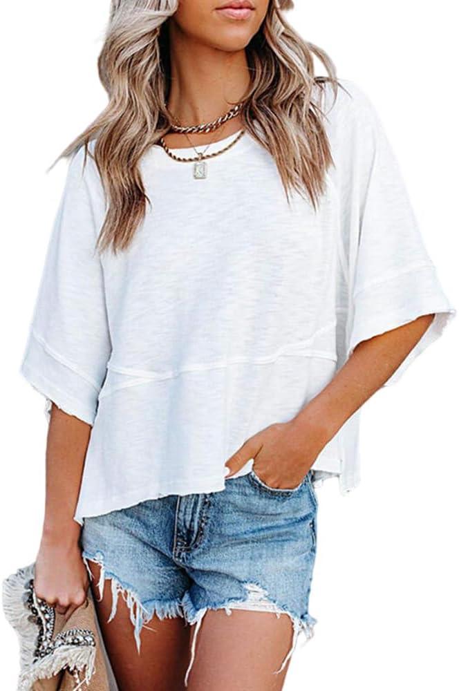 Sovelen Women's Summer Casual Crewneck Batwing Half Sleeve T-Shirts Solid Color Loose Fit Cute Basic Flowy Tops Tees Blouses, Large
