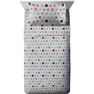 Jay Franco Kids Sheet Set with Fitted, Flat Sheets & Pillow Cover - Ultra-Soft Bedding with Pillowcase for Room Decor, Gray - Minecraft, 4 Piece Full