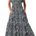 BLENCOT Womens Maxi Summer Casual Dresses Cap Short Sleeve V Neck Beach Flowy Fashion Boho Floral Printed Tie Dresses with Pockets P220 M