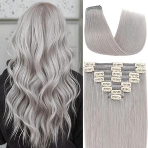 Clip in Hair Extensions Human Hair S-noilite Gray Human Hair Hair Clip in Extensions Full Head 8 Pieces/18 Clips 100% Real Human Hair Silky Straight 18"-100g Light Gray (#G1)