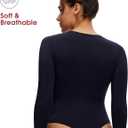 NANJI Long Sleeve Bodysuit for Women - Slim Fit Crew Neck Thong Body Suit, Stretch Double Lined Snap Tops, Casual Going Out (Black, XL)