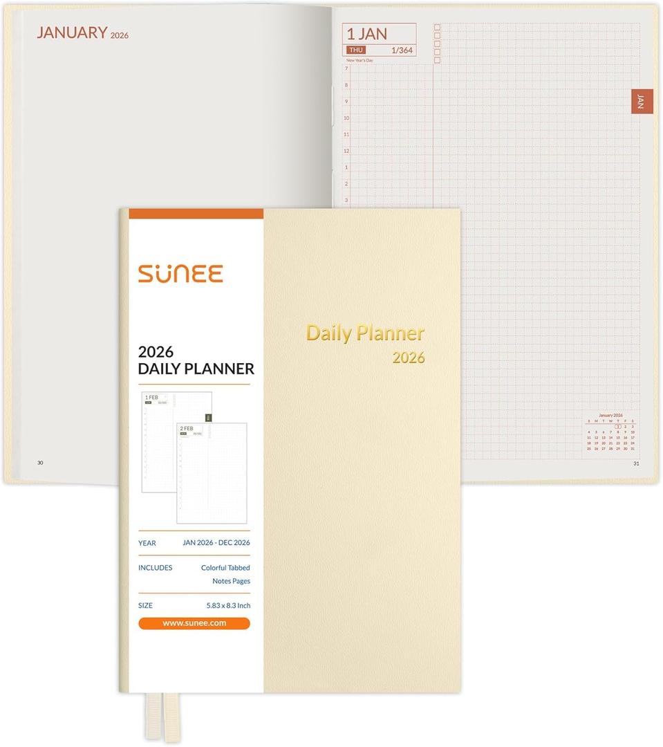 SUNEE 2026 Daily Planner A5 Hardcover  Hourly Schedule Organizer with Monthly Tabs & Task Tracker  Beige Cover Time Management Notebook for Work, School, Personal Goals