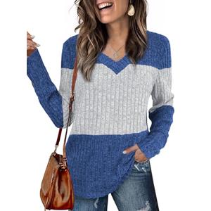 Womens Tops Fall Fashion Sweatshirts for Women V Neck Long Sleeve Sweaters Lightweight Dressy Casual Pullover Blue Size S