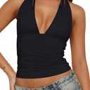 LCNBA Women's Sexy Backless Tie Up Halter Crop Top Deep V Neck Going Out Tops (Black, M)