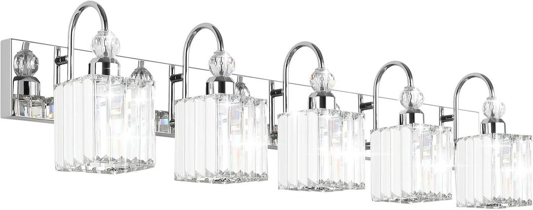 Ralbay Chrome Crystal Vanity Lights 5-Lights 40'' Modern Crystal Bathroom Light Fixtures Modern Crystal Vanity Lighting Over Long Mirror Bathroom Wall Lighting Fixtures