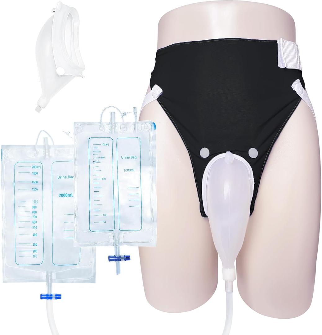 Wearable Urine Collector with Reusable Silicone Bag with Breathable Fixative Pant with Two Urinary Drainage Bags 2000ml 1000ml and 1.2m Catheter Soft Edge Design, Elderly Men Black