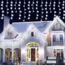 LED Icicle Lights, 300 LEDs, 33ft, 8 Modes, Curtain Fairy Light with 60 Drops, Clear Wire LED String for Christmas/Thanksgiving/Easter/Halloween/Party Backdrops Decorations (Cool White)