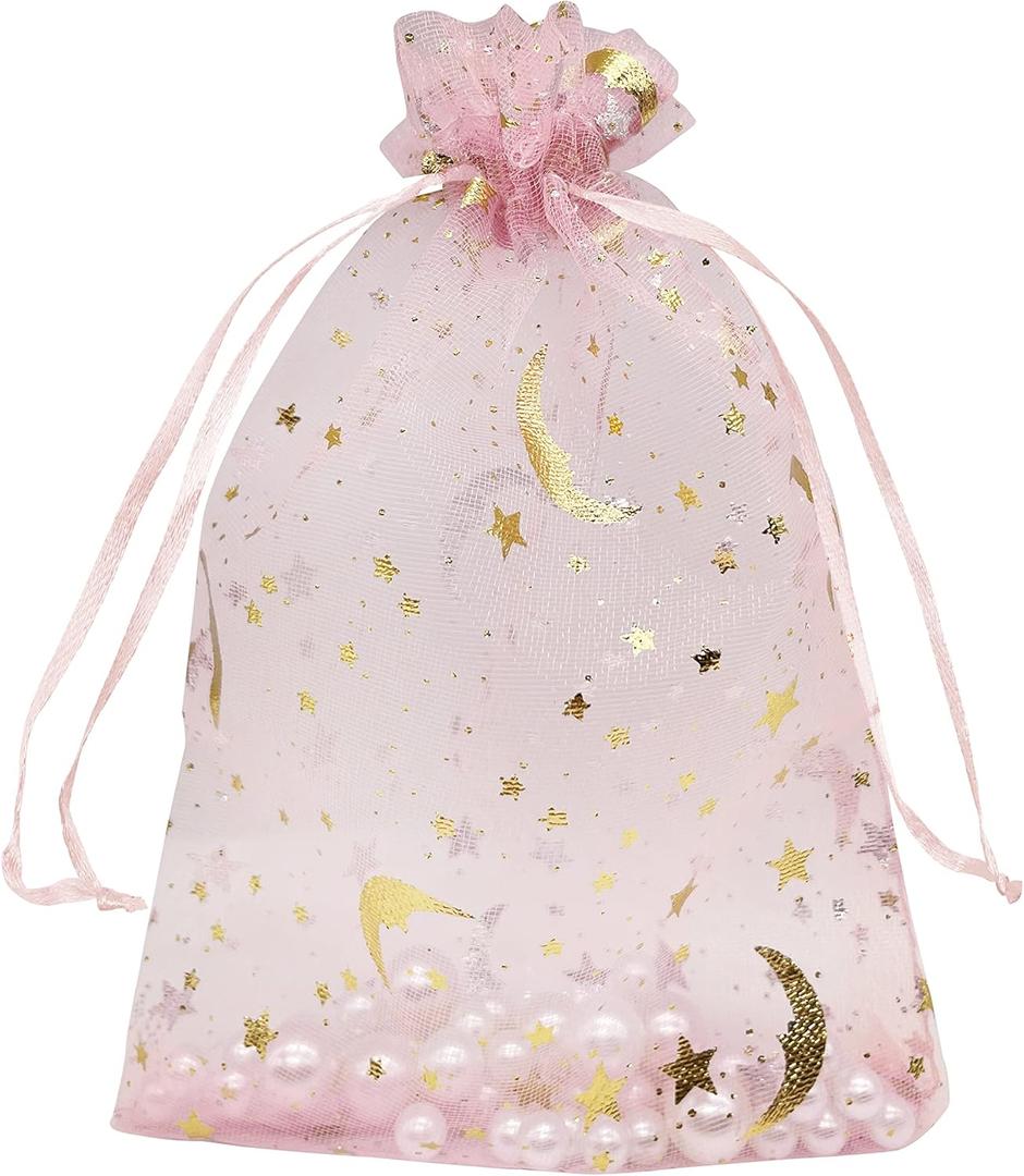 Jexila 100PCS Moon Star Organza Bags 5''X7'' Pink Mesh Gift Bags Drawstring Jewelry Makeup Bag Small for Wedding Party Favor Goodie Candy Bags