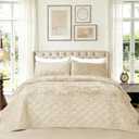 Premium Quality Velvet Quilted Bedding Set King Size Comforter 98x106 Cozy Solid Bedspread 3 PCS with 20x36 Pillow Shams Ultra-Soft Feel All Season Comfort,Beige