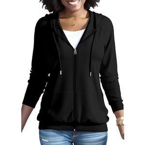 HTD Women Casual Full Zip Up Hoodie Basic Lightweight Long Sleeve Sweatshirt Solid Color Jacket With Pockets, Large