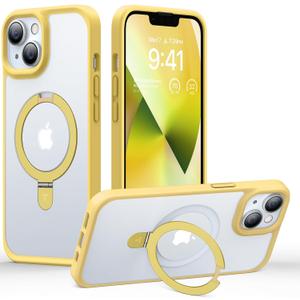 TORRAS Magnetic Kickstand for iPhone 13/ iPhone 14 Case [Compatible with MagSafe][Sturdy & Versatile Stand] Military-Grade Shockproof Translucent Slim Protective Anti-Fingerprint Anti-Scratch, Yellow
