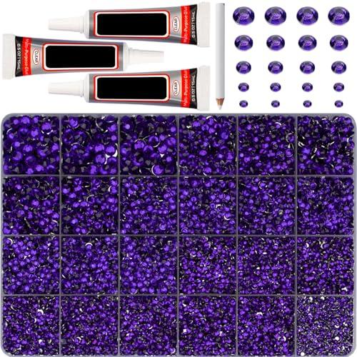 32000Pcs Purple Rhinestones Gems for Bedazzling, Dark Purple Flatback Gemstones Bedazzle Diamond Crystals for Crafting Crafts Clothes Shoes Clothing, Resin Jewels Stones Bedazzler ss6-ss30 B7000 Glue