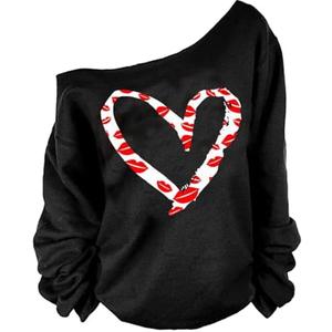 MAGICMK Woman’s Sweatershirt Lips Print Causal Blouse Off The Shoulder Long Sleeve Loose Slouchy Pullover Plus Size Tops, Black, XL