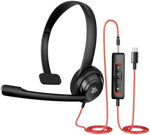 NUBWO HW02 USB Headset with Microphone Noise Cancelling &in-line Control, Ultra Comfort Computer Headset for Laptop pc, On-Ear Wired Office Call Center Headset for Boom Skype Webinars (USB C/3.5)